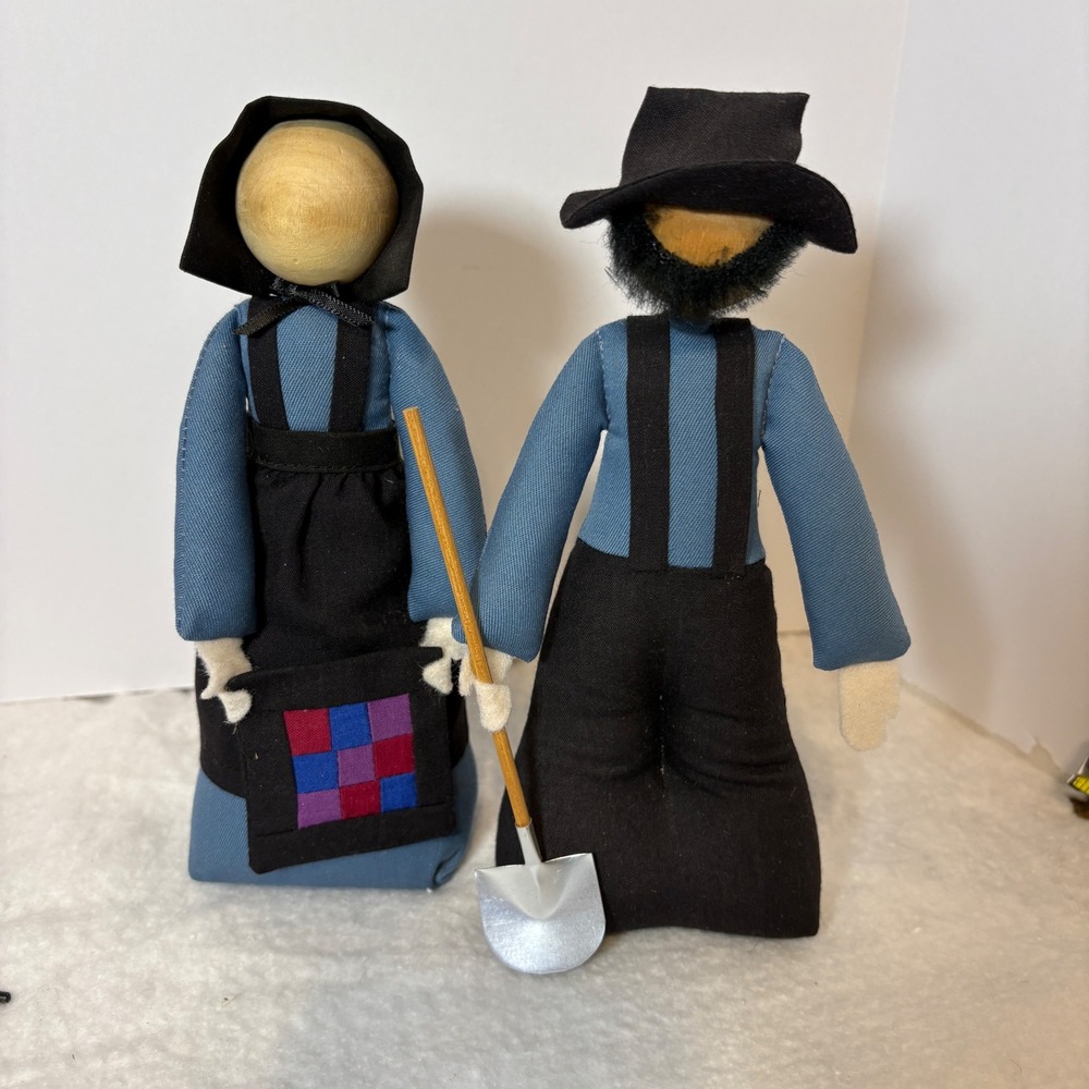 Handmade Amish Couple Dolls Faceless Wood Head Fabric Folk Art (Set of 2)7.5"